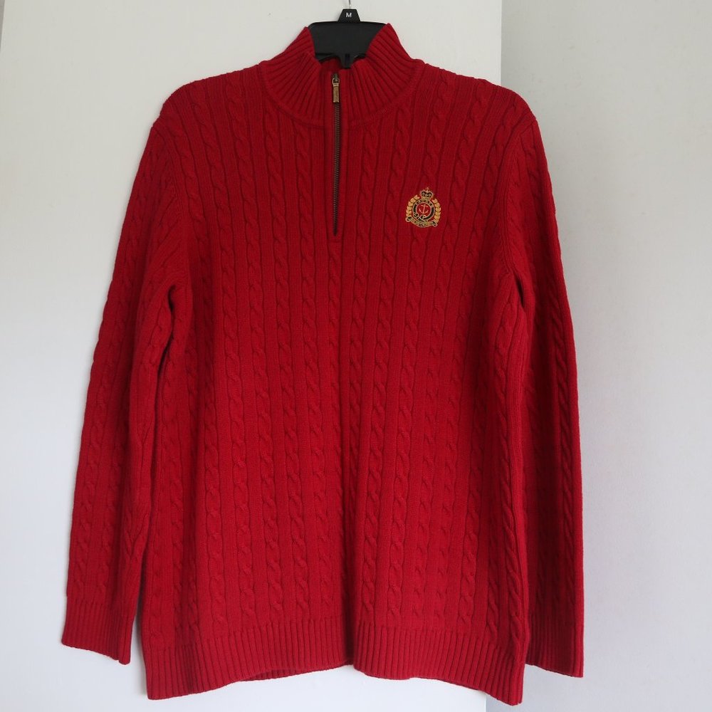 Ralph Lauren Cable Pullover Sweater M Red 100% Cotton 1/4 Zip Mock Neck Vintage